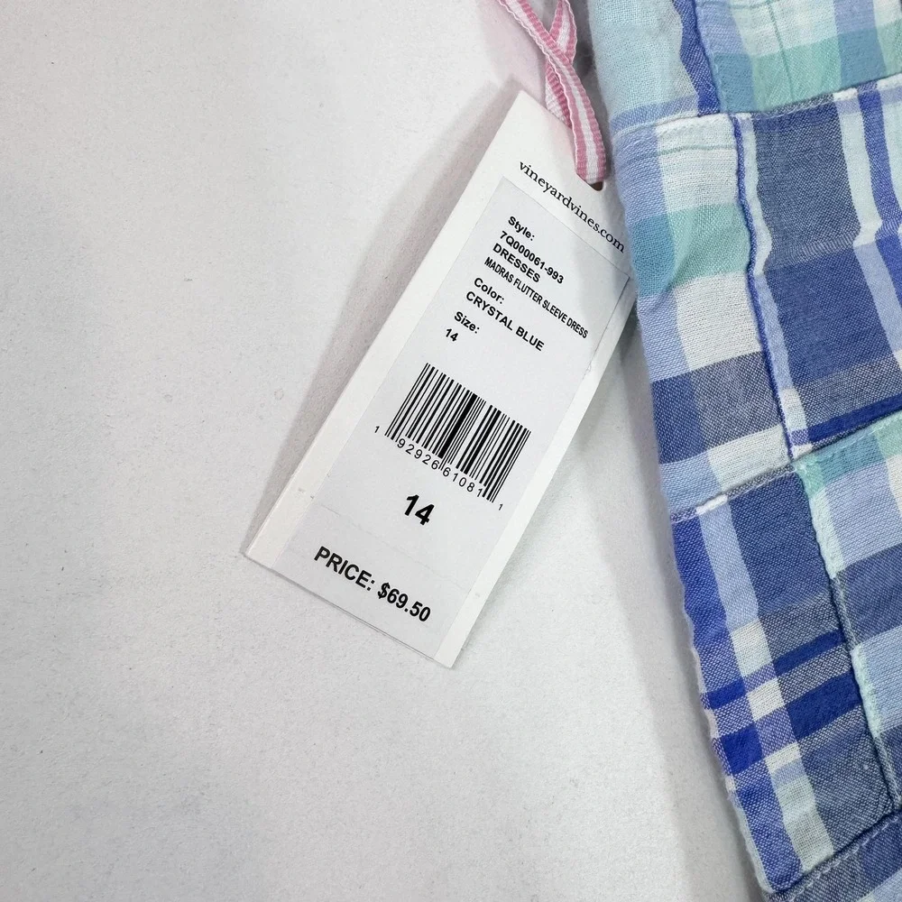 Vineyard Vines Dress Girls 14 Blue Patchwork Madras Flutter Sleeve Shift‎ Cotton